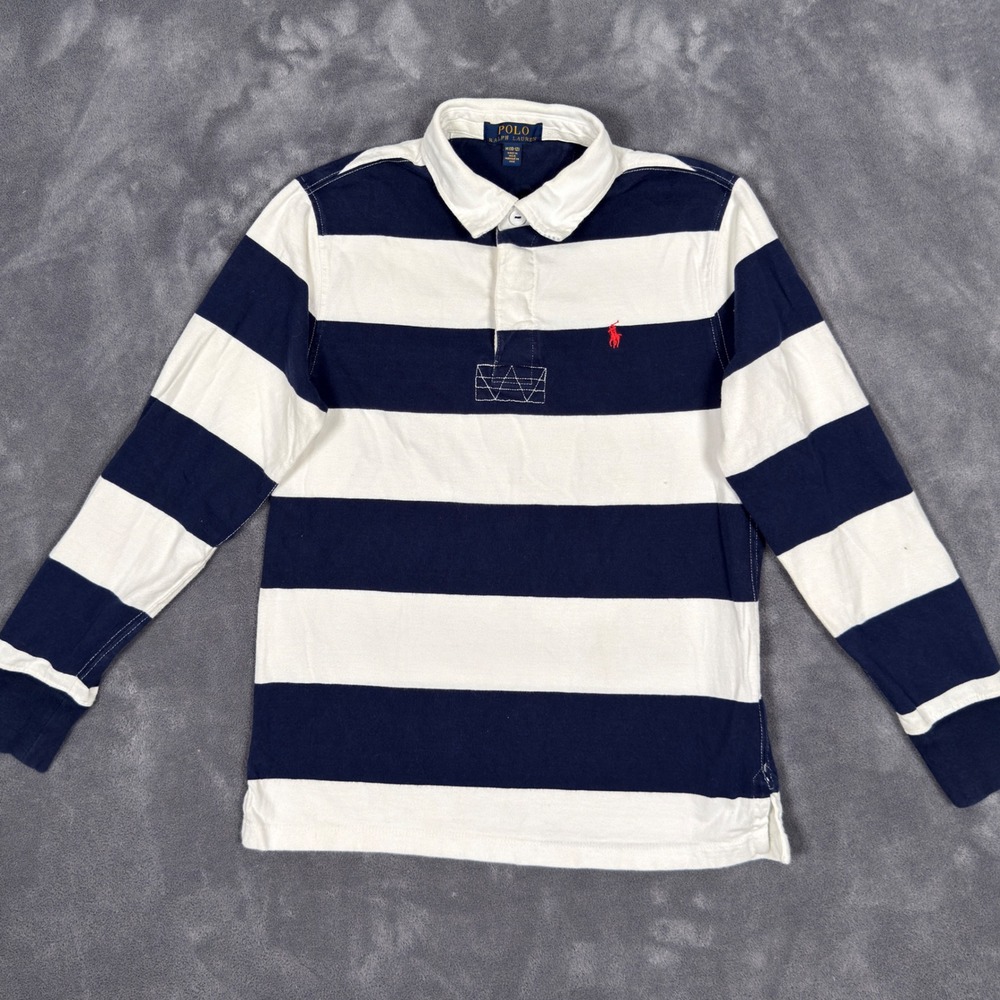 Polo Ralph Lauren Rugby Polo Shirt Boys Navy White Striped Long Sleeve M 10-12